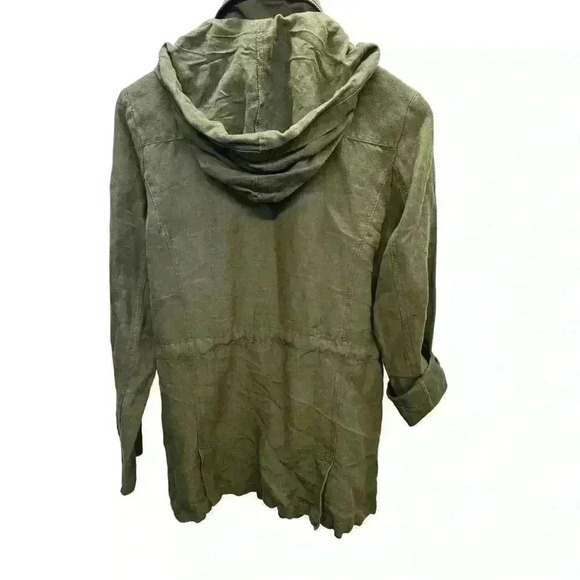 DEARJOHN Military Green Linen Blend Utility Jacket Zip Snap Drawstring Hooded L - Picture 5 of 12